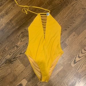 Mustard yellow one-piece swimsuit